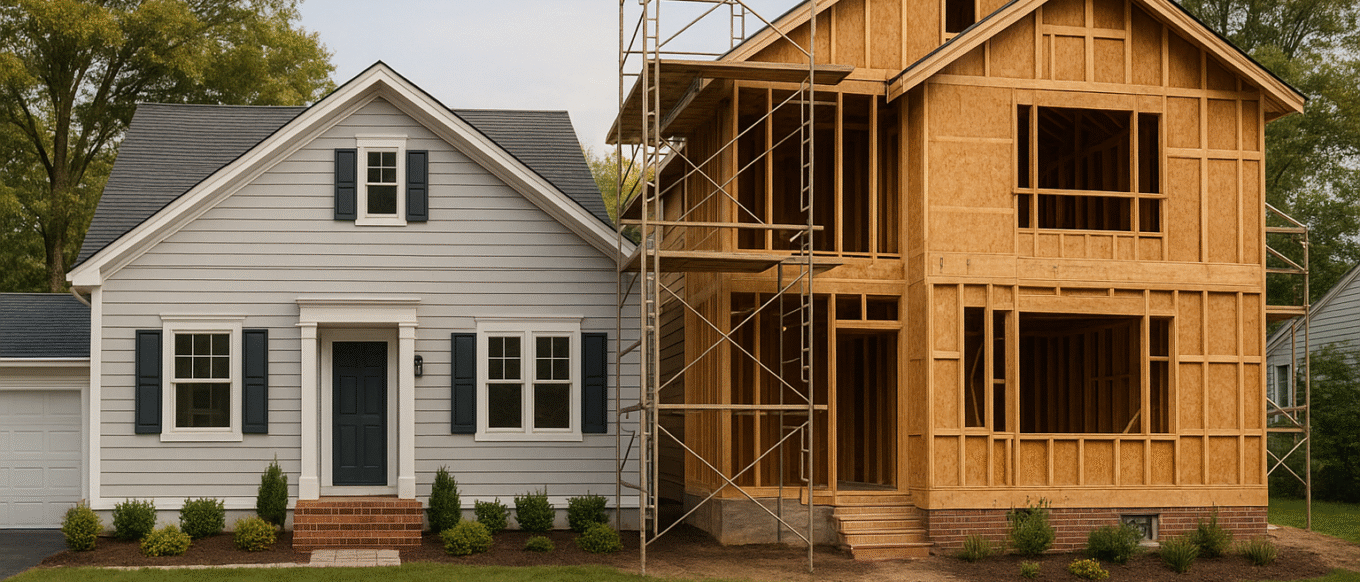 Suburban home showing one side renovated and the other side under construction.