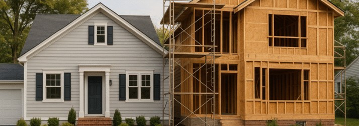 Suburban home showing one side renovated and the other side under construction.