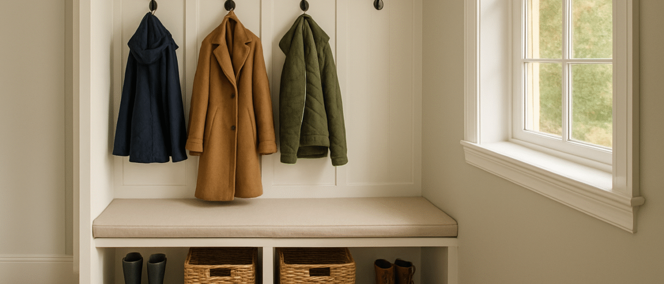 Organized mudroom in an upscale home with coats, boots, and built-in storage.