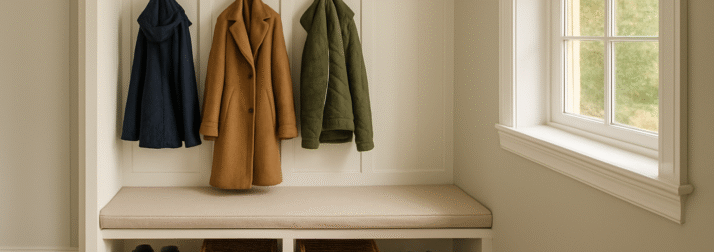 Organized mudroom in an upscale home with coats, boots, and built-in storage.