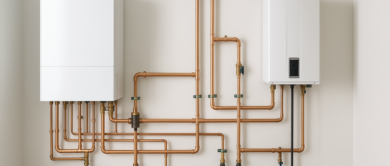 Clean mechanical room with modern boiler, tankless water heater, and neatly arranged pipes.