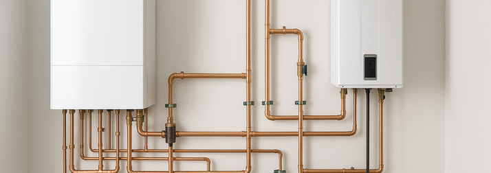 Clean mechanical room with modern boiler, tankless water heater, and neatly arranged pipes.