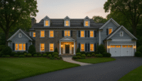 Front exterior of an elegant Westchester colonial home at dusk with manicured landscaping.