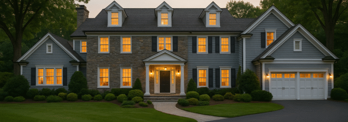 Front exterior of an elegant Westchester colonial home at dusk with manicured landscaping.