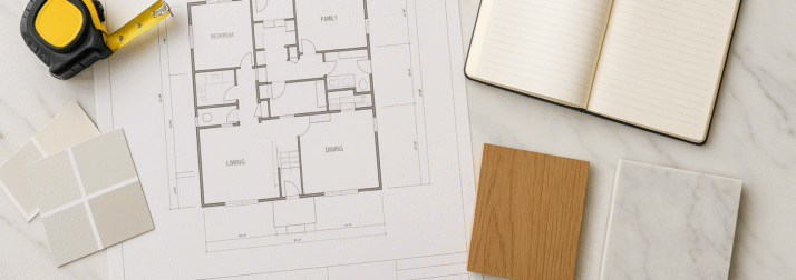 Kitchen island with renovation plans, samples, and tools laid out in a bright modern home.