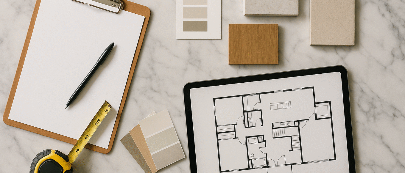 Contractor clipboard, tools, and design samples laid out on a marble kitchen island in a bright home.