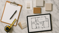 Contractor clipboard, tools, and design samples laid out on a marble kitchen island in a bright home.