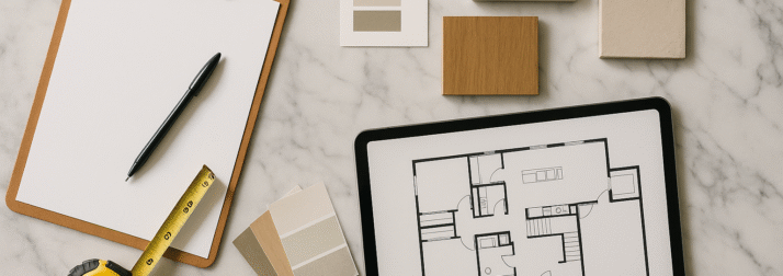Contractor clipboard, tools, and design samples laid out on a marble kitchen island in a bright home.