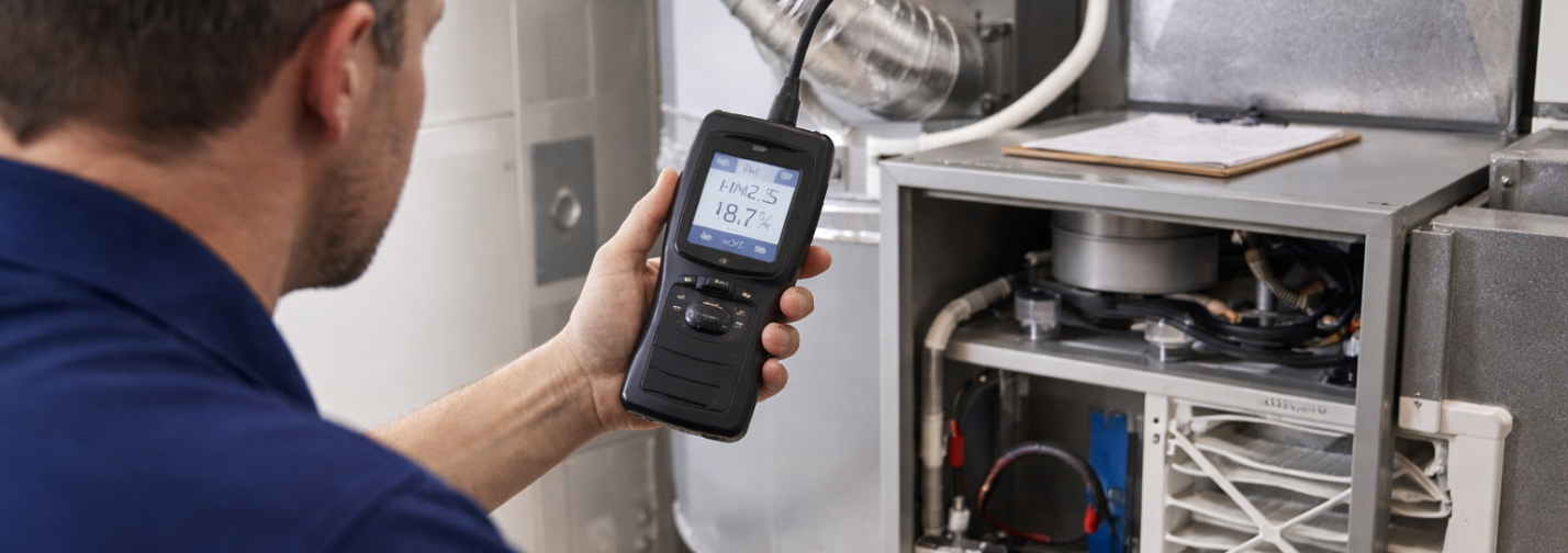 Professional indoor air quality testing inside a Westchester NY home using advanced diagnostic equipment to evaluate ventilation, dust, and environmental conditions.